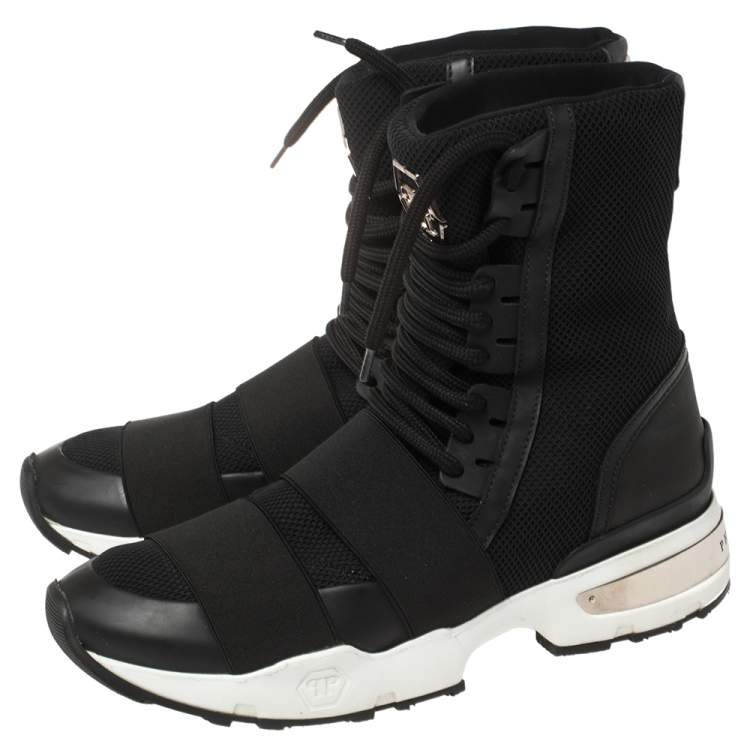 Pre Owned Philipp Plein Black Elastic And Mesh Slip On High Top Sneakers Size 39