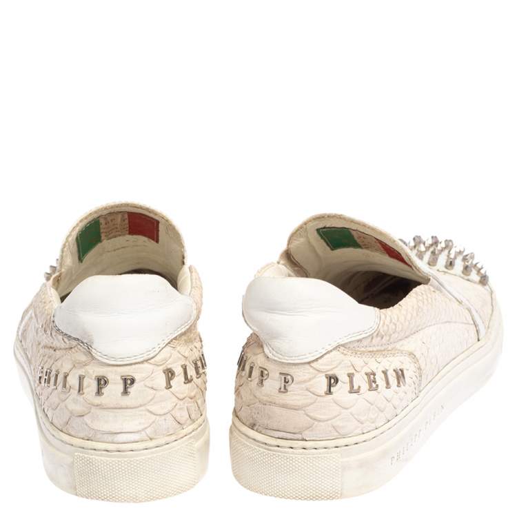 Pre Owned Philipp Plein Cream Python Embossed Leather Spike Slip On Sneakers Size 42.5
