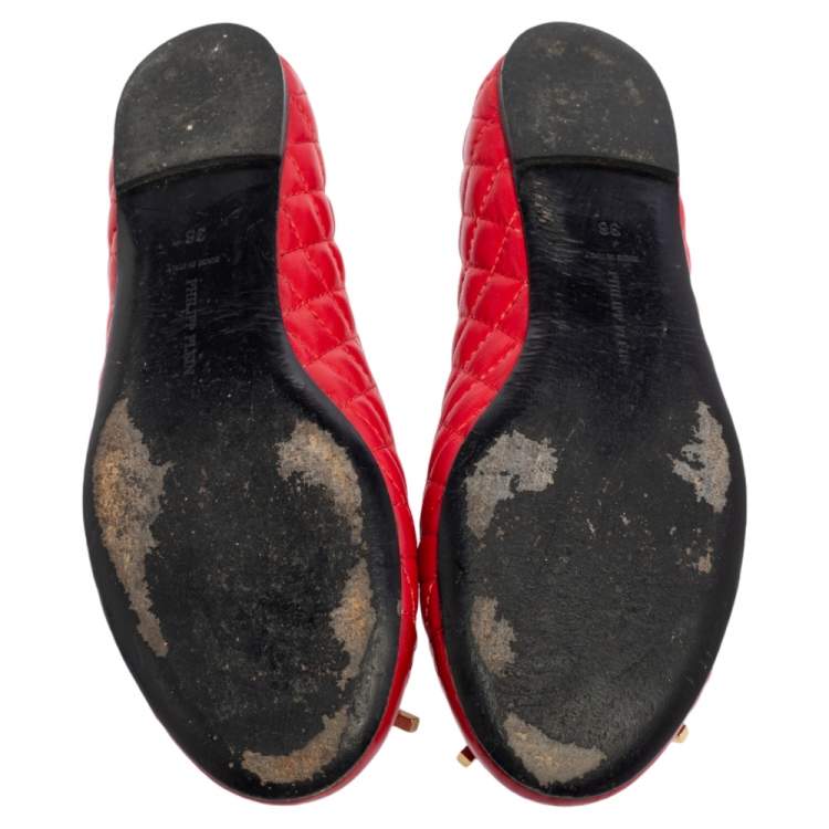 Pre Owned Philipp Plein Red Quilted Leather Bow Ballet Flats Size 38