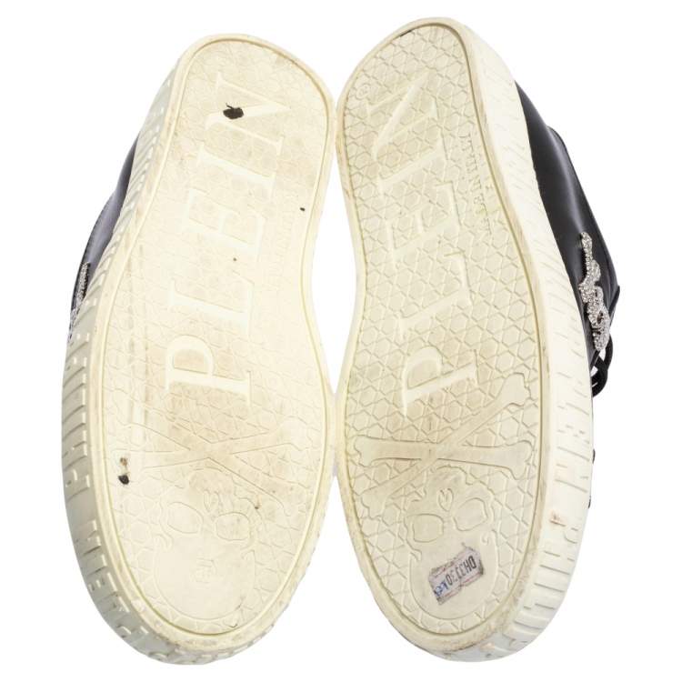 Pre Owned Phillip Plein Black Leather Skull Embellished Low Top Sneakers Size 40