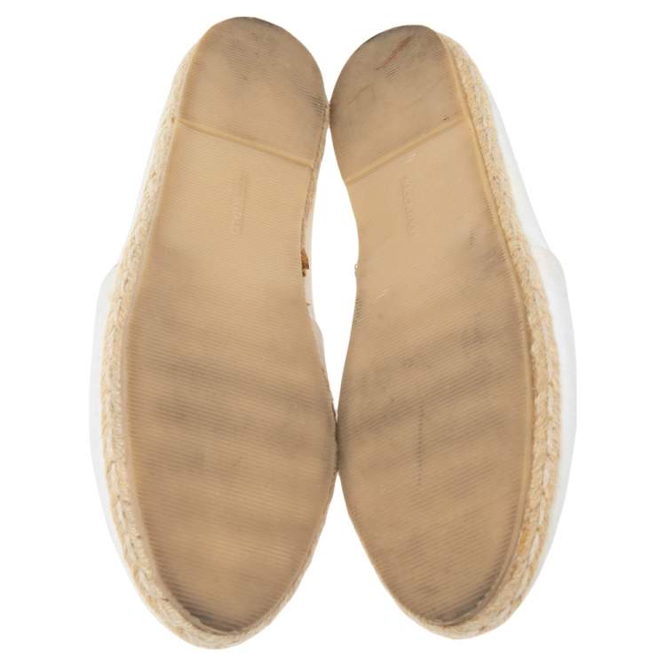 Pre Owned Philipp Plein Cream Canvas Crystal Embellished Skull Espadrille Flats Size 38