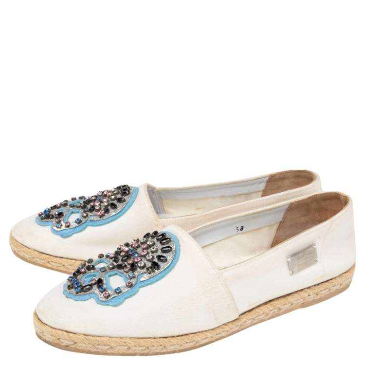 Pre Owned Philipp Plein Cream Canvas Crystal Embellished Skull Espadrille Flats Size 38