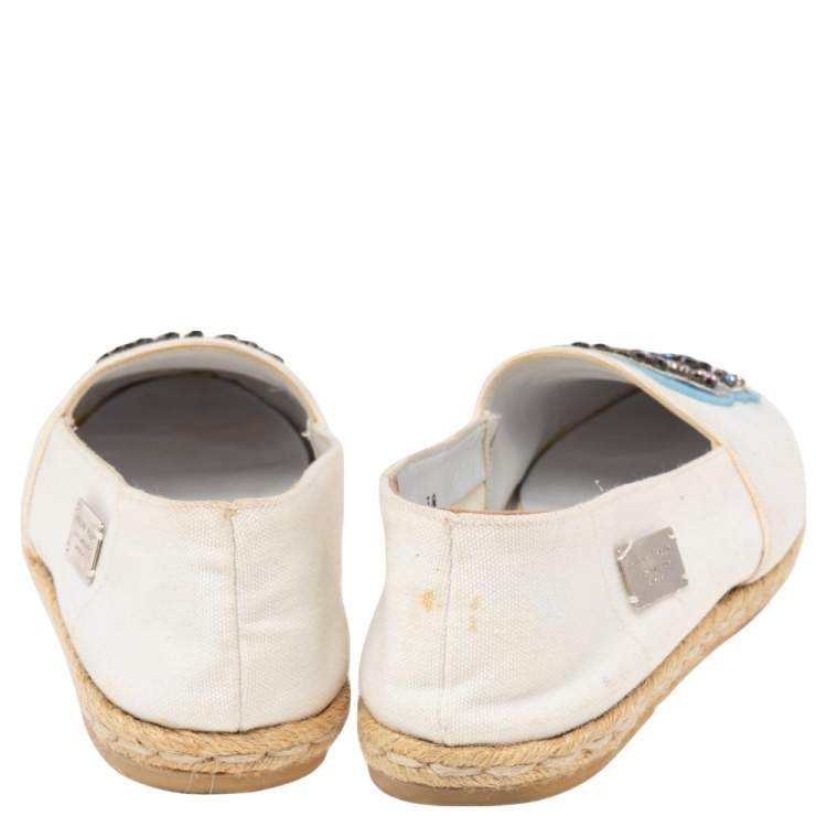 Pre Owned Philipp Plein Cream Canvas Crystal Embellished Skull Espadrille Flats Size 38