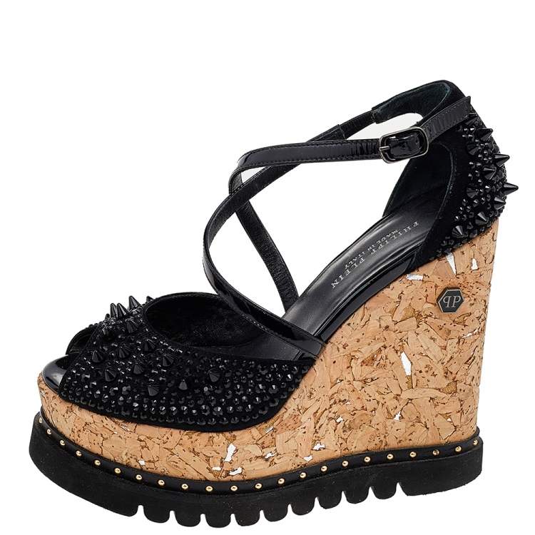 Pre Owned Philipp Plein Black Suede And Patent Leather Spiked Crystal Embellished Cork Platform Wedge Sandals Size 38.5