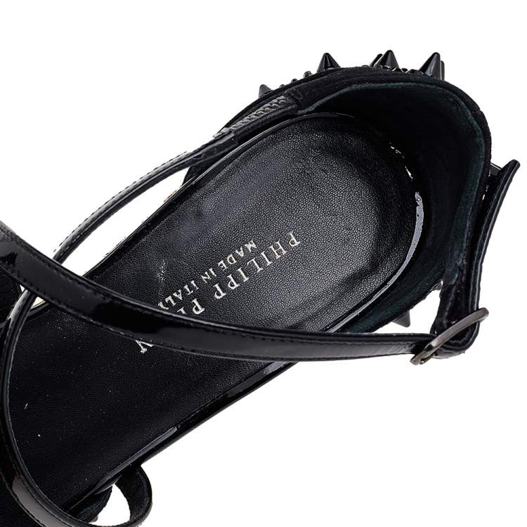 Pre Owned Philipp Plein Black Suede And Patent Leather Spiked Crystal Embellished Cork Platform Wedge Sandals Size 38.5