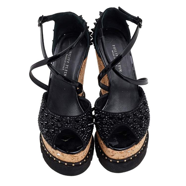 Pre Owned Philipp Plein Black Suede And Patent Leather Spiked Crystal Embellished Cork Platform Wedge Sandals Size 38.5