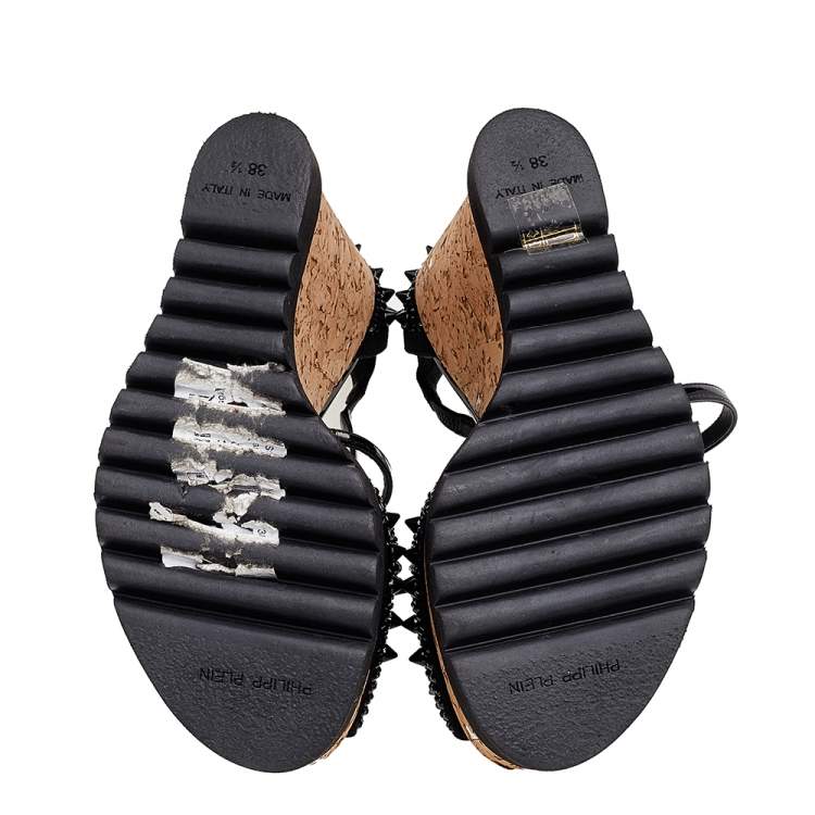 Pre Owned Philipp Plein Black Suede And Patent Leather Spiked Crystal Embellished Cork Platform Wedge Sandals Size 38.5