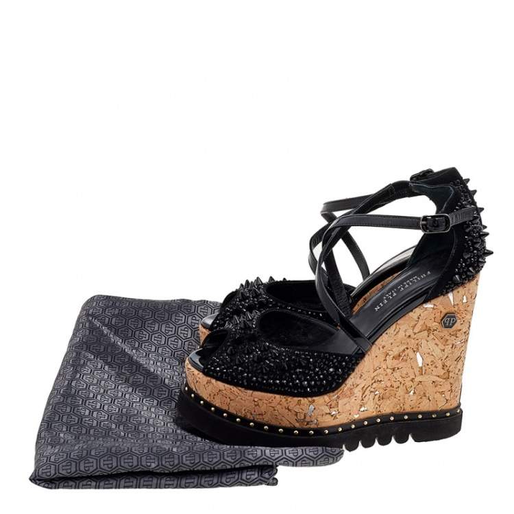 Pre Owned Philipp Plein Black Suede And Patent Leather Spiked Crystal Embellished Cork Platform Wedge Sandals Size 38.5