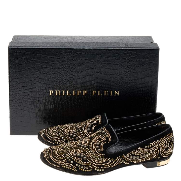 Pre Owned Philipp Plein Black Suede Embellished Smoking Loafers Size 37