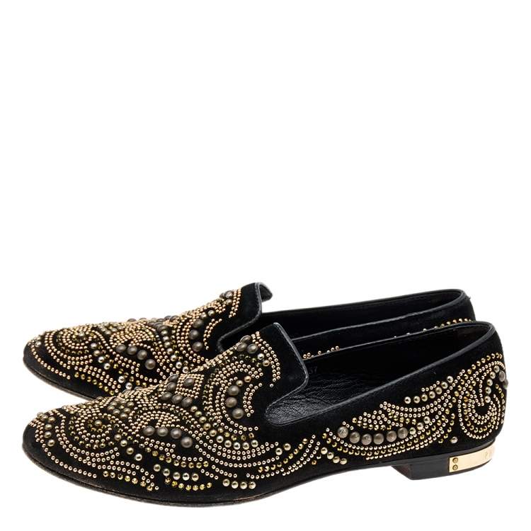 Pre Owned Philipp Plein Black Suede Embellished Smoking Loafers Size 37