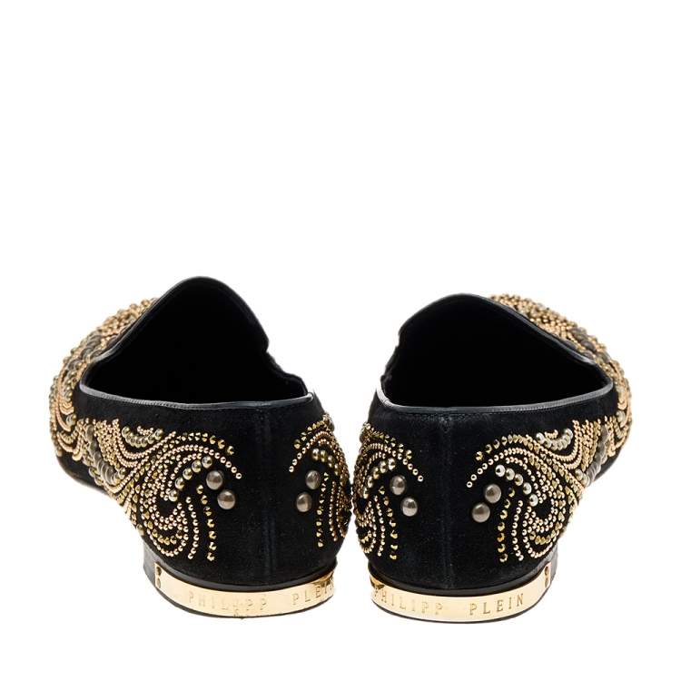 Pre Owned Philipp Plein Black Suede Embellished Smoking Loafers Size 37