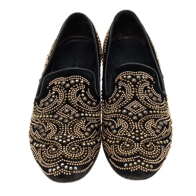 Pre Owned Philipp Plein Black Suede Embellished Smoking Loafers Size 37