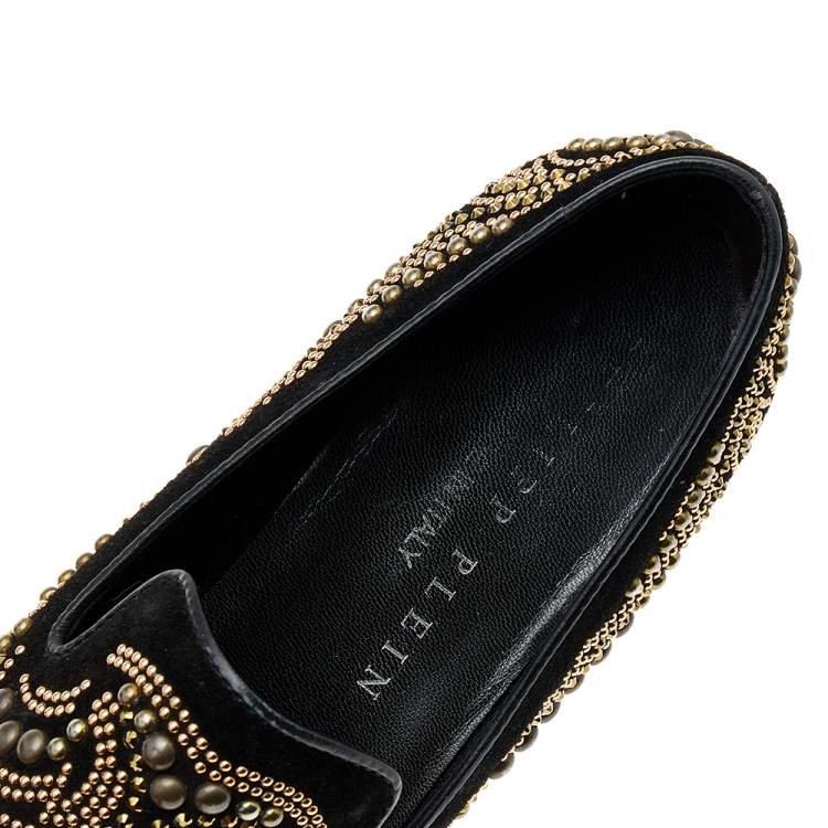 Pre Owned Philipp Plein Black Suede Embellished Smoking Loafers Size 37