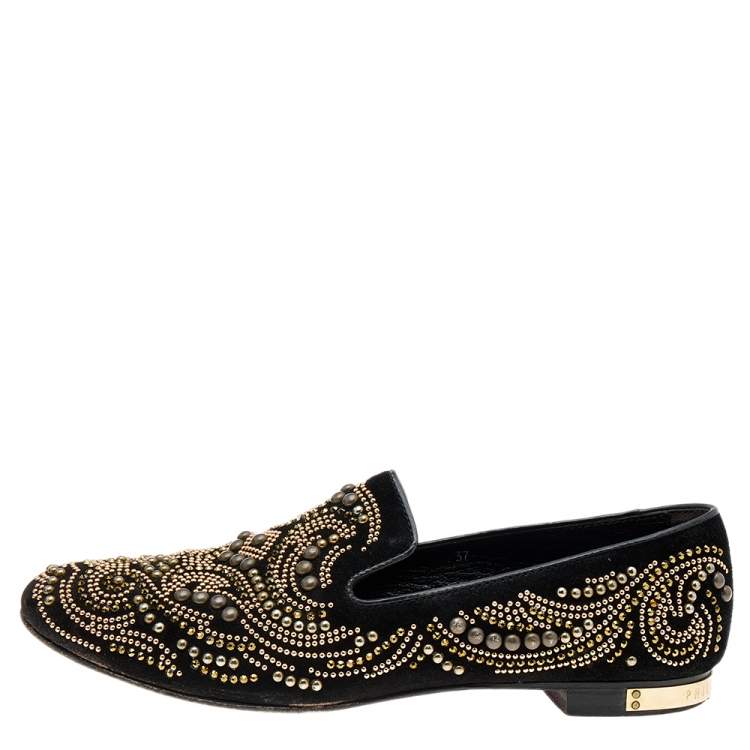 Pre Owned Philipp Plein Black Suede Embellished Smoking Loafers Size 37