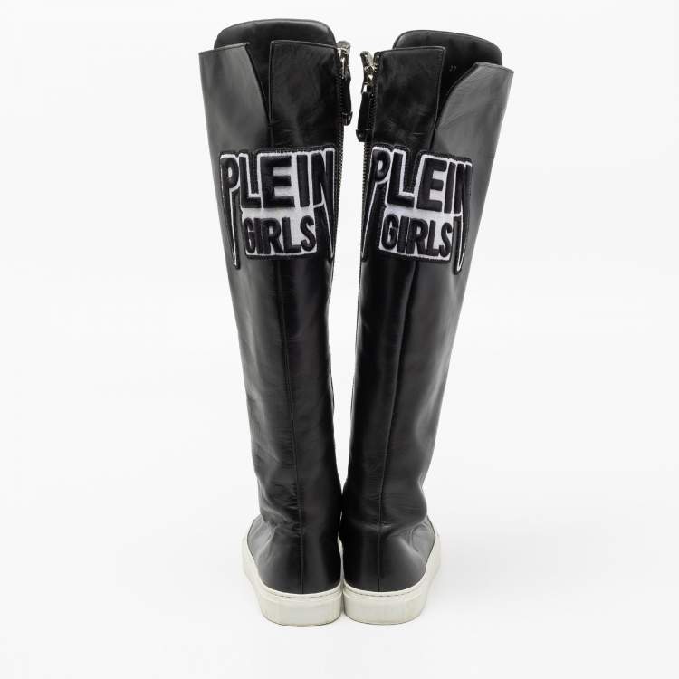 Pre Owned Philipp Plein Black Leather Knee High Embroidered Sneaker Boots Size 37