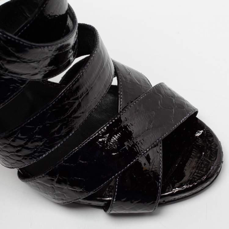 Pre Owned Philipp Plein Black Python Embossed Leather Strappy Sandals Size 38