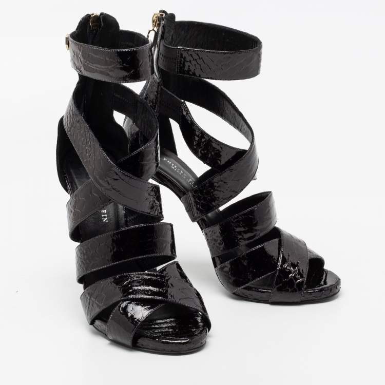 Pre Owned Philipp Plein Black Python Embossed Leather Strappy Sandals Size 38