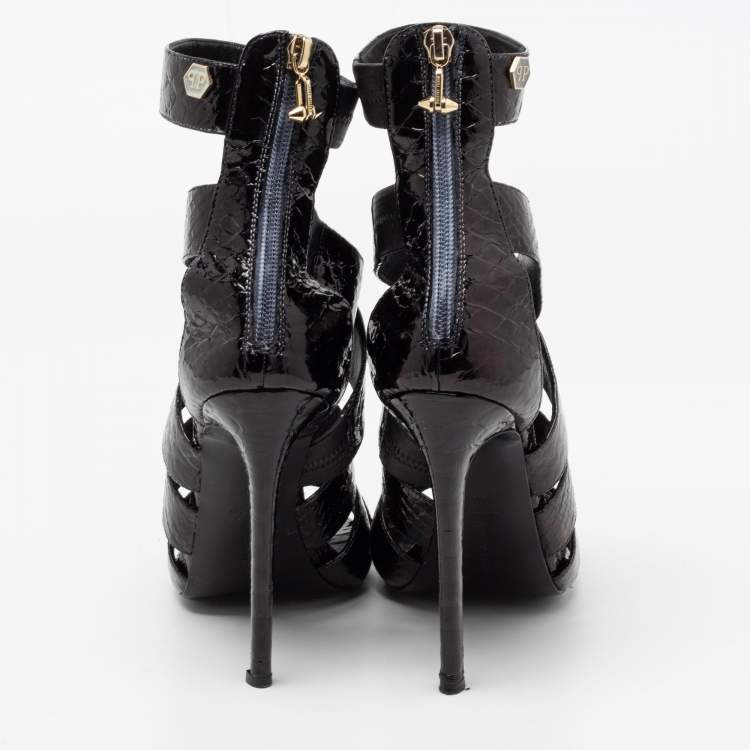 Pre Owned Philipp Plein Black Python Embossed Leather Strappy Sandals Size 38