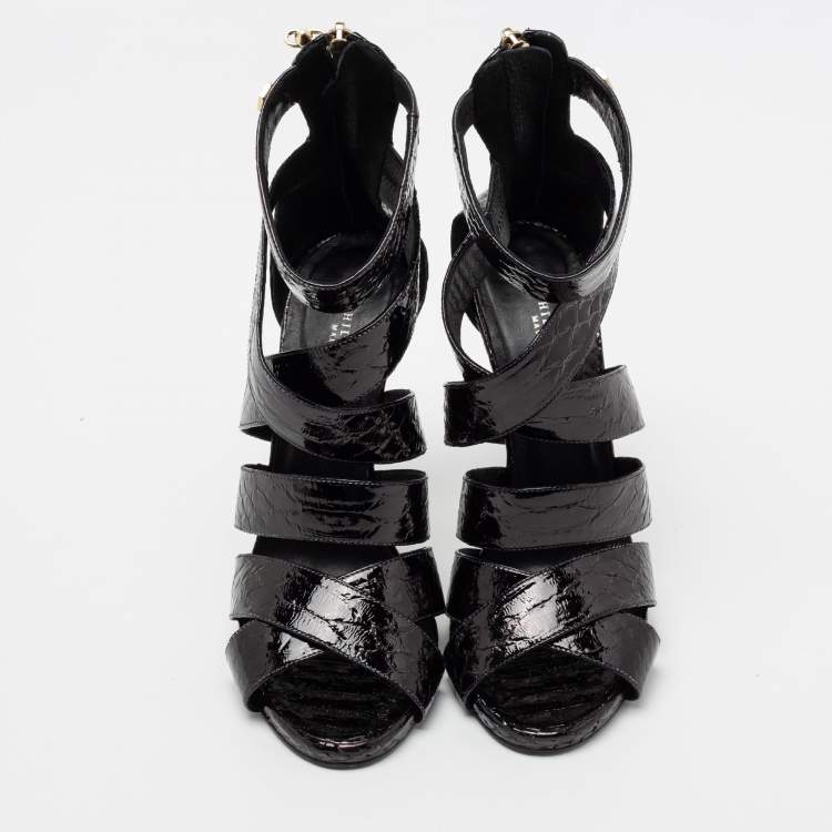 Pre Owned Philipp Plein Black Python Embossed Leather Strappy Sandals Size 38