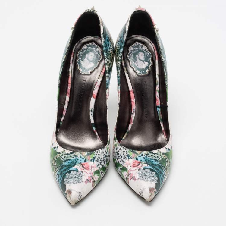 Pre Owned Philipp Plein Multicolour Printed Leather Spike Pumps Size 37.5