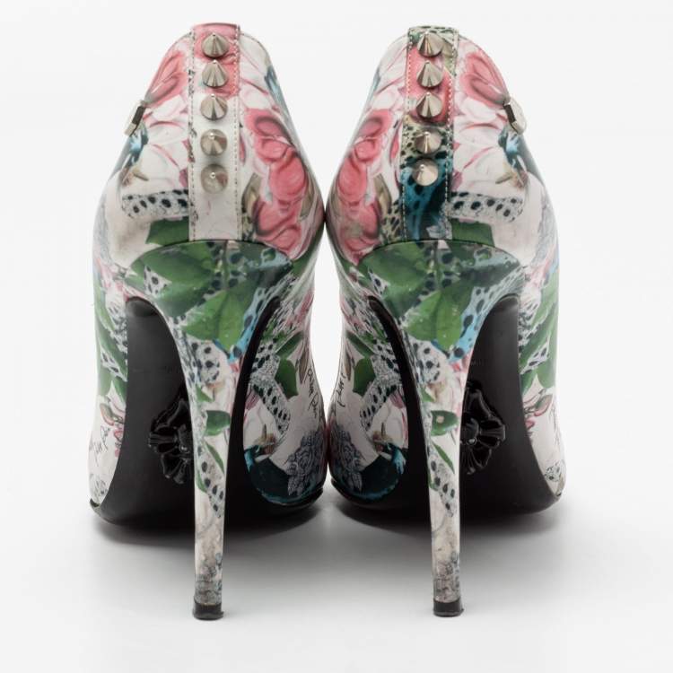 Pre Owned Philipp Plein Multicolour Printed Leather Spike Pumps Size 37.5