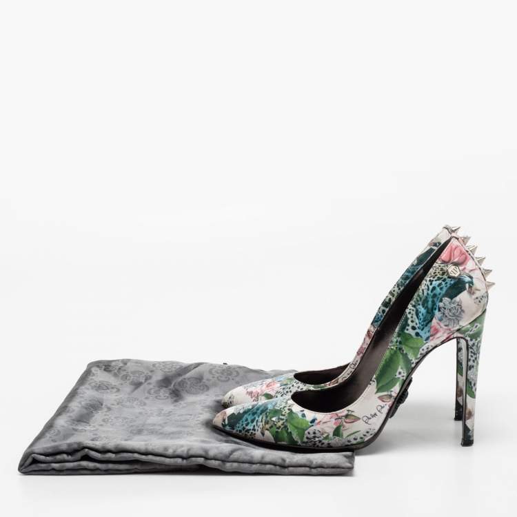 Pre Owned Philipp Plein Multicolour Printed Leather Spike Pumps Size 37.5