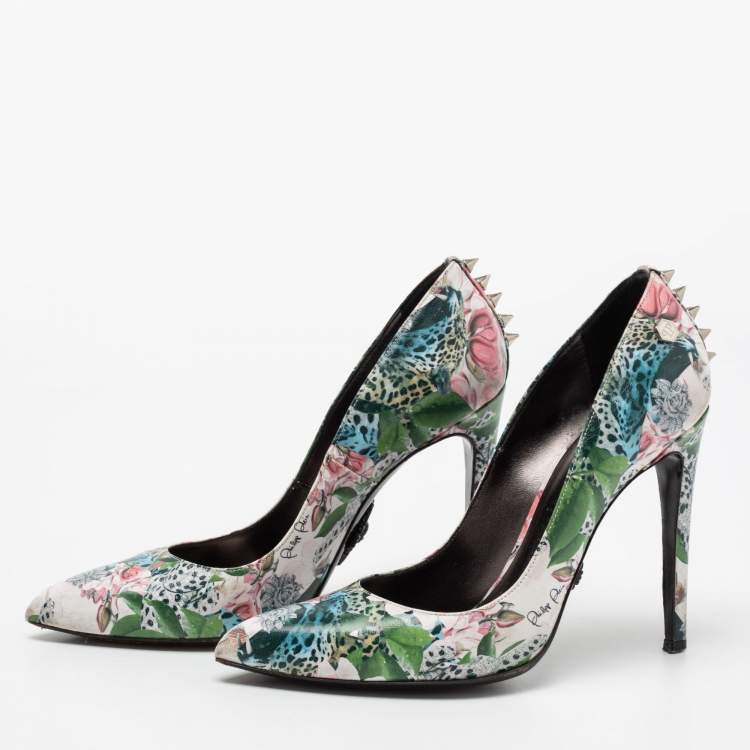 Pre Owned Philipp Plein Multicolour Printed Leather Spike Pumps Size 37.5