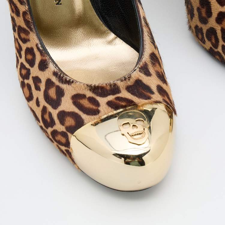 Pre Owned Philipp Plein Beige/Brown Leopard Print Calf Hair Metal Cap Toe Platform Pumps Size 38