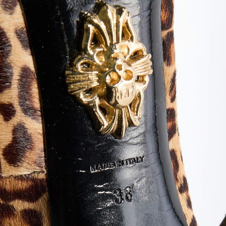 Pre Owned Philipp Plein Beige/Brown Leopard Print Calf Hair Metal Cap Toe Platform Pumps Size 38