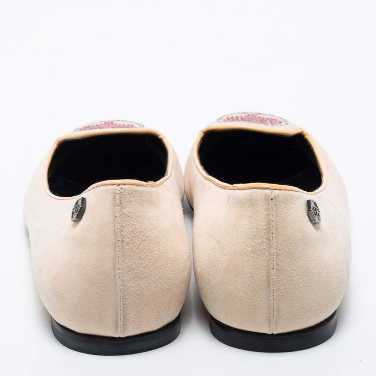 Pre Owned Philipp Plein Beige Suede Diamante Skull Smoking Slippers Size 40