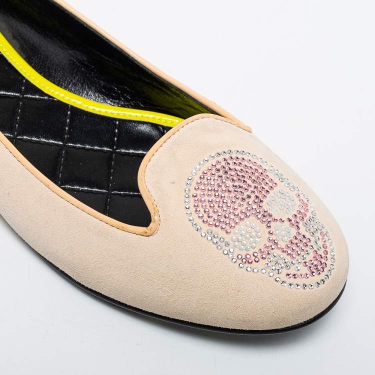 Pre Owned Philipp Plein Beige Suede Diamante Skull Smoking Slippers Size 40