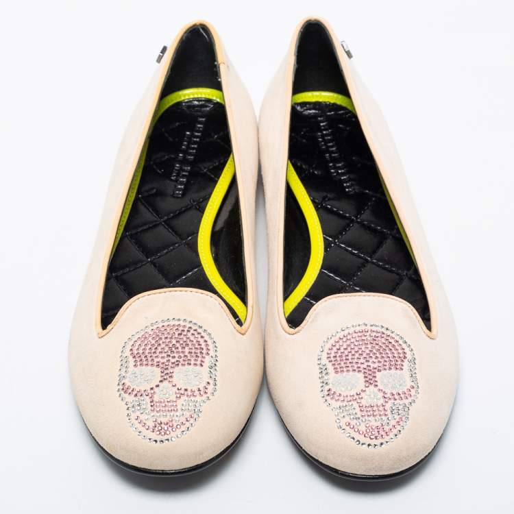 Pre Owned Philipp Plein Beige Suede Diamante Skull Smoking Slippers Size 40