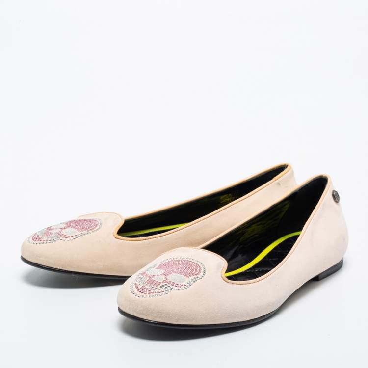 Pre Owned Philipp Plein Beige Suede Diamante Skull Smoking Slippers Size 40