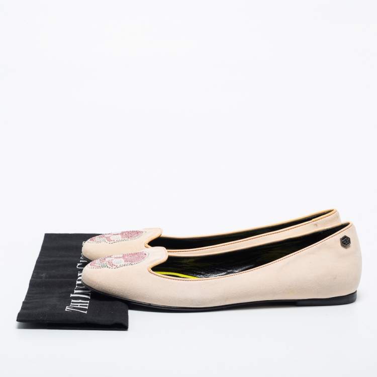 Pre Owned Philipp Plein Beige Suede Diamante Skull Smoking Slippers Size 40