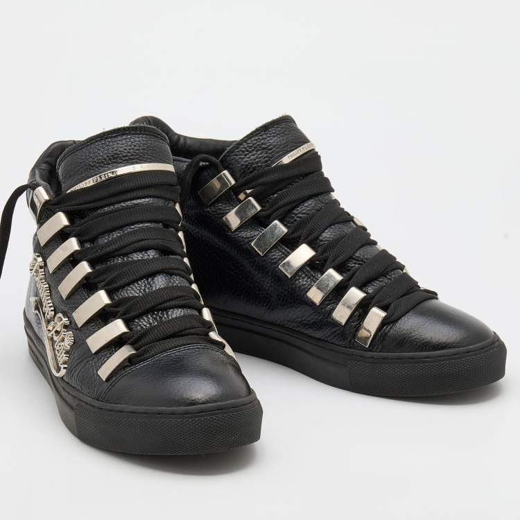 Pre Owned Philipp Plein Black Leather Logo Hight Top Sneakers Size 38