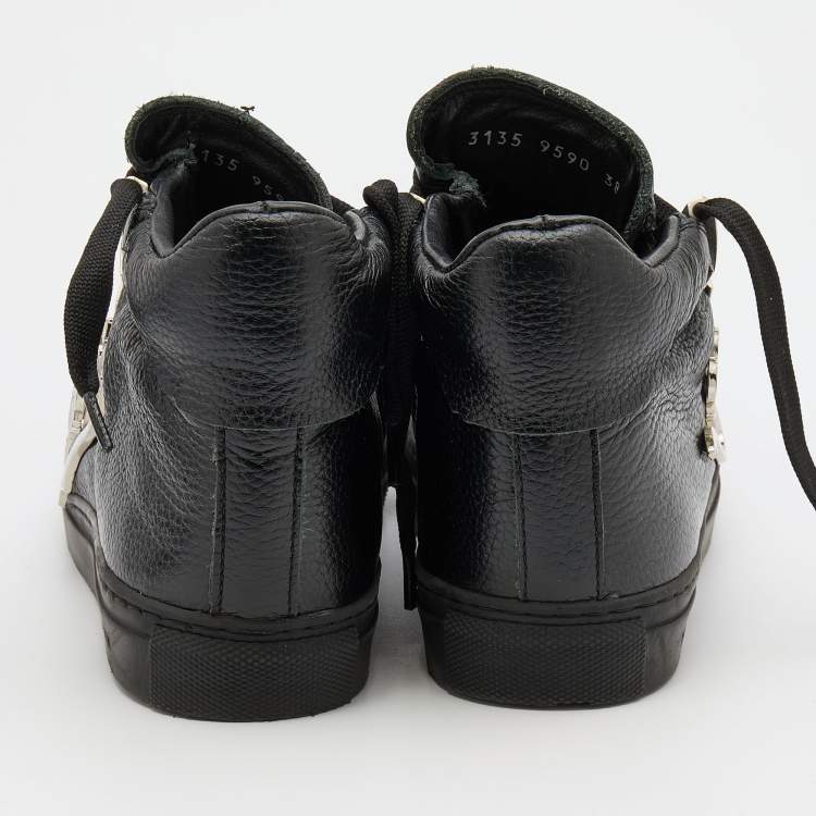 Pre Owned Philipp Plein Black Leather Logo Hight Top Sneakers Size 38