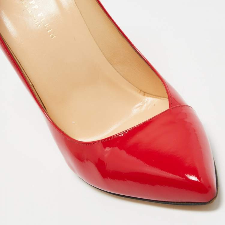 Pre Owned Philipp Plein Red Patent Leather Spike Detail Pointed Toe Pumps Size 37