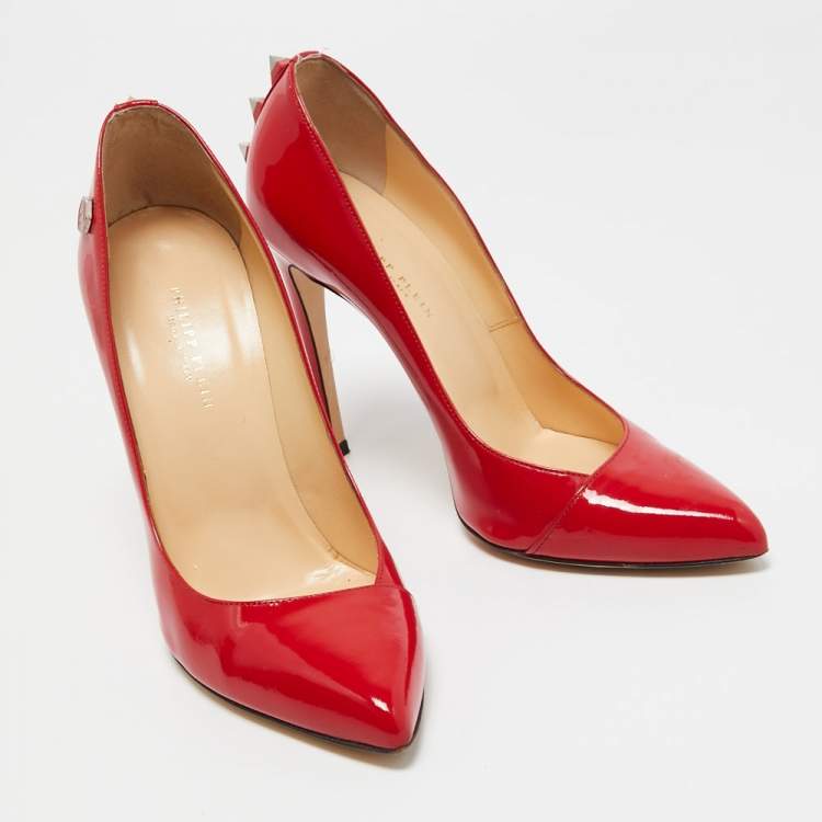 Pre Owned Philipp Plein Red Patent Leather Spike Detail Pointed Toe Pumps Size 37