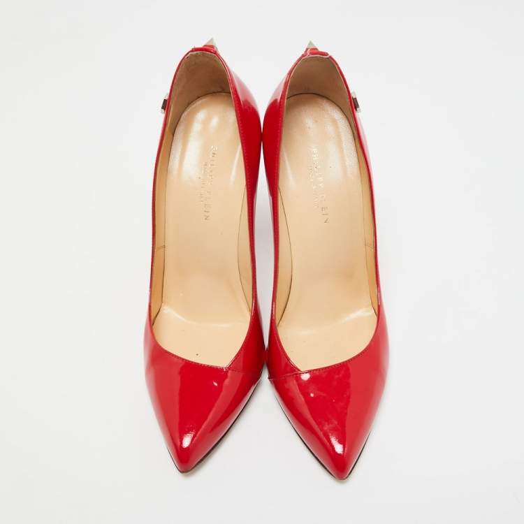 Pre Owned Philipp Plein Red Patent Leather Spike Detail Pointed Toe Pumps Size 37