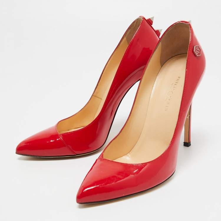 Pre Owned Philipp Plein Red Patent Leather Spike Detail Pointed Toe Pumps Size 37