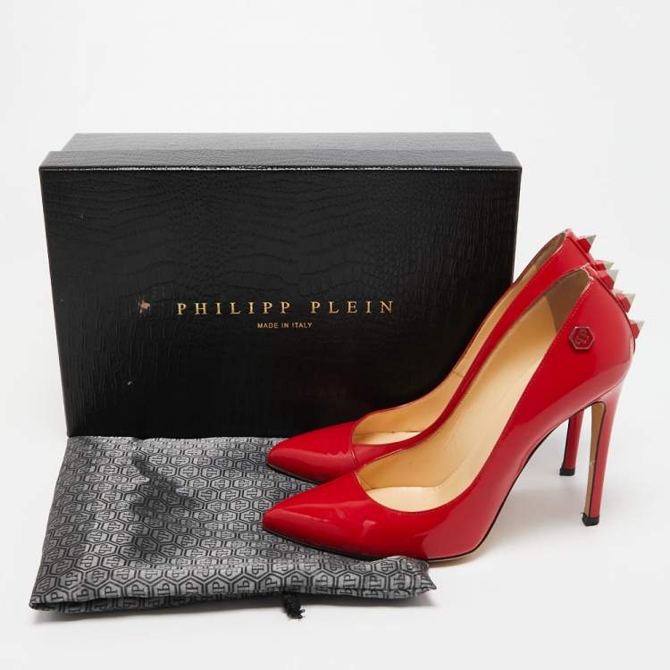 Pre Owned Philipp Plein Red Patent Leather Spike Detail Pointed Toe Pumps Size 37