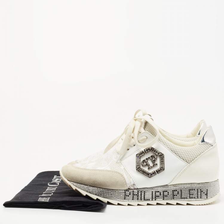 Pre Owned Philipp Plein White Lace and Leather Embellished Logo Low Top Sneakers Size 36