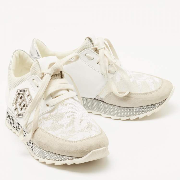 Pre Owned Philipp Plein White Lace and Leather Embellished Logo Low Top Sneakers Size 36