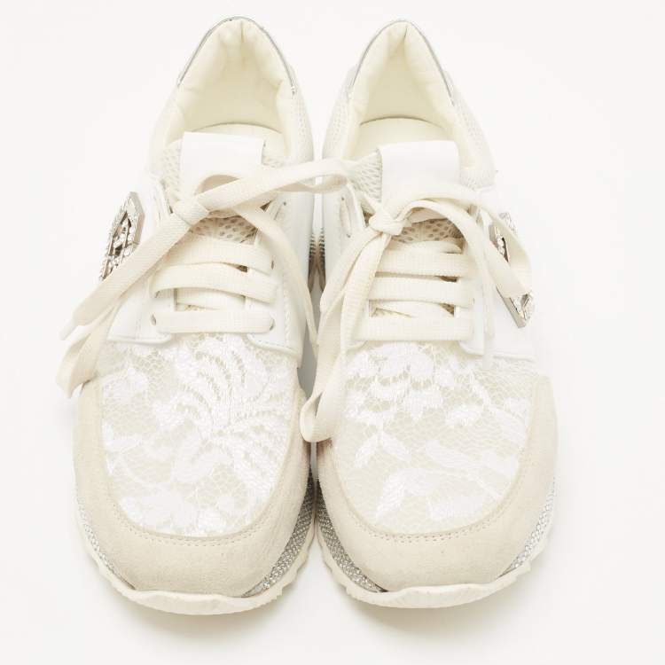 Pre Owned Philipp Plein White Lace and Leather Embellished Logo Low Top Sneakers Size 36