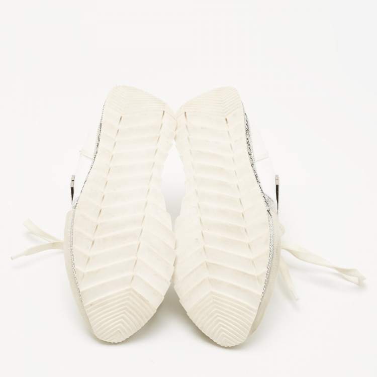 Pre Owned Philipp Plein White Lace and Leather Embellished Logo Low Top Sneakers Size 36
