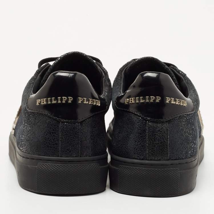 Pre Owned Philipp Plein Black Textured Suede Embellished Logo Low Top Sneakers Size 37