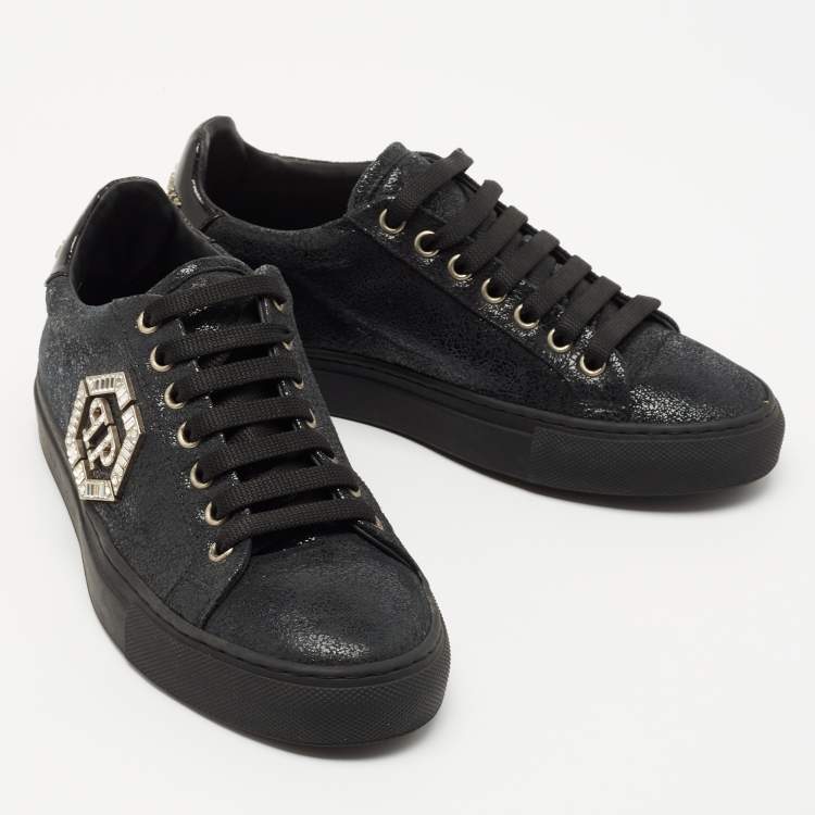 Pre Owned Philipp Plein Black Textured Suede Embellished Logo Low Top Sneakers Size 37
