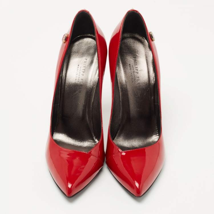 Pre Owned Philipp Plein Red Patent Leather Pointed Toe Pumps Size 37.5