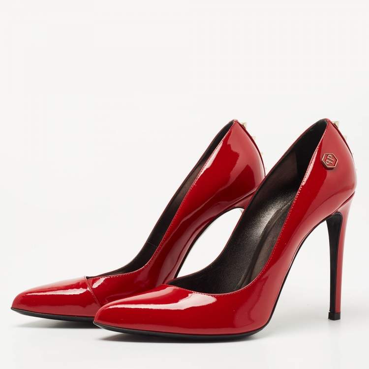 Pre Owned Philipp Plein Red Patent Leather Pointed Toe Pumps Size 37.5