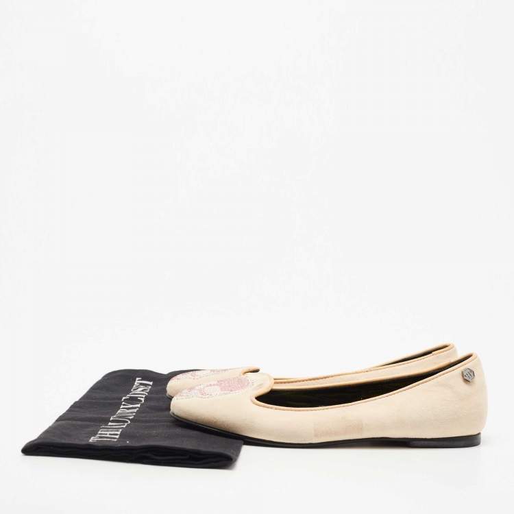 Pre Owned Philipp Plein Beige Suede Diamante Skull Ballet Flats Size 35